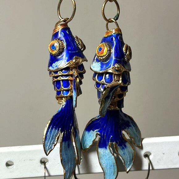 Handmade Vintage Cloisonne Fish Earrings Blue White Long Dangle Faintail Floral - Picture 7 of 9